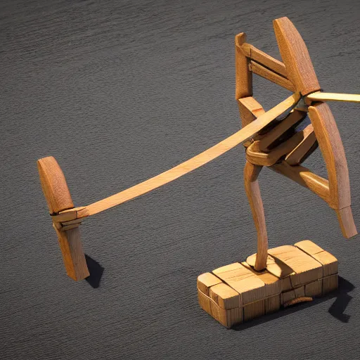 Image similar to a four-directional catapult, 3D model, octane render, wooden