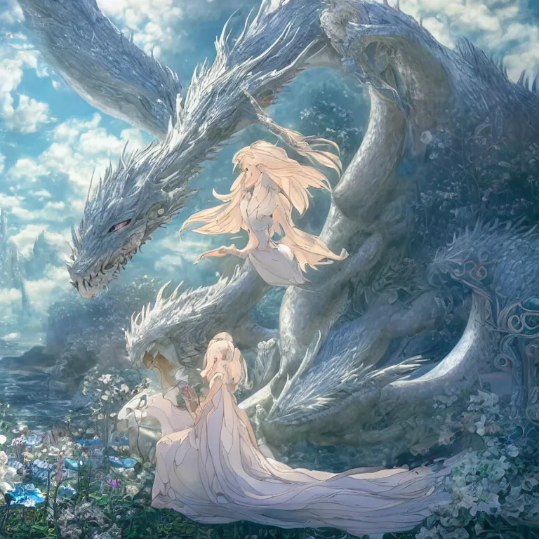 Image similar to the beautiful hyper detailed scene render that a lonely beautiful girl lies in the arms of a huge silver white dragon alone in fairyland surrounded by white clouds, finely detailed angelic face delicate, style of studio ghibli, makoto shinkai, raphael lacoste, louis comfort tiffany, artgerm, james jean, ross tran, animation style, hd, ultra wide angle