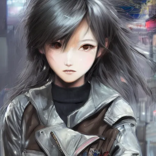 Image similar to dynamic composition, motion, ultra-detailed, incredibly detailed, a lot of details, amazing fine details and brush strokes, colorful and grayish palette, smooth, HD semirealistic anime CG concept art digital painting, watercolor oil painting of Clean and detailed post-cyberpunk sci-fi close-up girl wearing jacket and skirt, in asian city in style of cytus and deemo, blue flame, relaxing, calm and mysterious vibes,, by a Chinese artist at ArtStation, by Huang Guangjian, Fenghua Zhong, Ruan Jia, Xin Jin and Wei Chang. Realistic artwork of a Chinese videogame, gradients, gentle an harmonic grayish colors. set in half-life 2, Matrix, GITS, Blade Runner, Neotokyo Source, Syndicate(2012), dynamic composition, beautiful with eerie vibes, very inspirational, very stylish, with gradients, surrealistic, dystopia, postapocalyptic vibes, depth of field, mist, rich cinematic atmosphere, perfect digital art, mystical journey in strange world