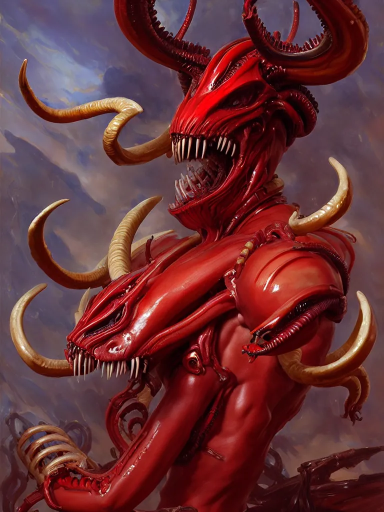 Image similar to painted close - up portrait of a very attractive red - skinned intimidating demon xenomorph queen with ram horns! oil painting, wearing a noblewoman's outfit, fantasy art by john singer sargent and gaston bussiere and james jean and greg rutkowski, demon noble character design, hd