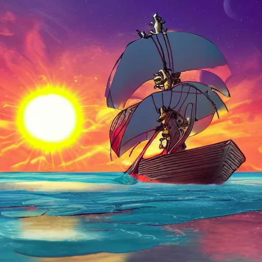 Prompt: a fantasy ship of pirates with a sun as the bow, anime style