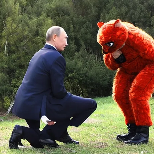 Image similar to Vladimir Putin kneeling before a man in a wild furry costume