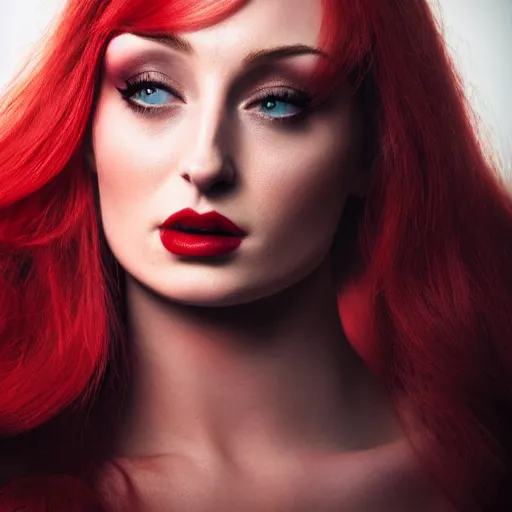 Image similar to photography detailed face sophie turner as jessica rabbit in her red dress, femme fetal, darkroom, dramatic high contrast lighting like sin city, ultra - realistic, intricate detail, 8 k