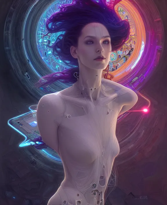 Image similar to a whirlwind of souls rushing inside the metaverse, hologram, half body, neurochip, shaved temple, piercing, jewelry, android, cyborg, cyberpunk face, by loish, d & d, fantasy, intricate, elegant, highly detailed, colorful, digital painting, artstation, concept art, art by artgerm and greg rutkowski and alphonse mucha