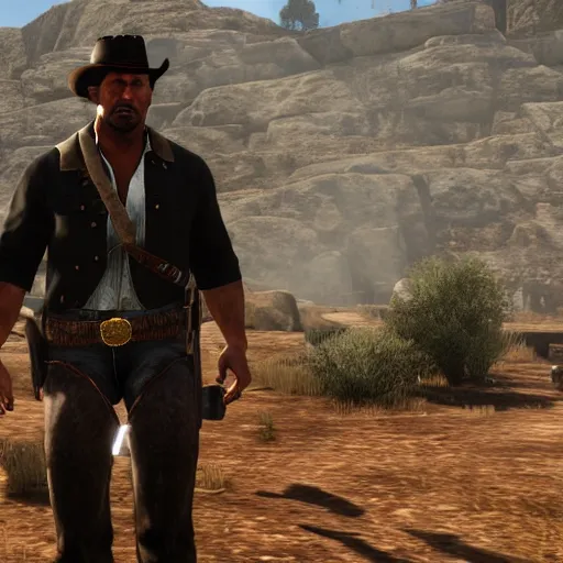 Image similar to dwayne the rock johnson as red dead redemption screenshot from red dead redemption
