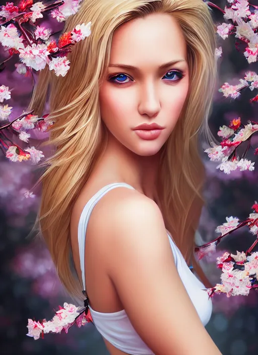 Image similar to photo of a gorgeous blonde female in the style of stefan kostic, realistic, half body shot, sharp focus, 8 k high definition, insanely detailed, intricate, elegant, art by stanley lau and artgerm, extreme blur cherry blossoms background