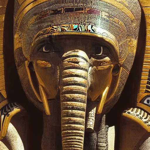 Image similar to the annunaki returned to egypt wearing space suits with egyptian pharaoh head - dresses and breathing hoses that look like elephant trunks - photo, close - up, alien - looking, cyborg, detailed, photo - realism