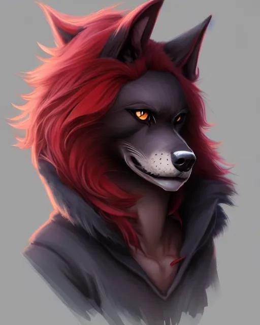 Image similar to character concept art of a black anthropomorphic male furry wolf long red hair | | cute - fine - face, pretty face, key visual, realistic shaded perfect face, fine details by stanley artgerm lau, wlop, rossdraws, james jean, andrei riabovitchev, marc simonetti, and sakimichan, trending on artstation