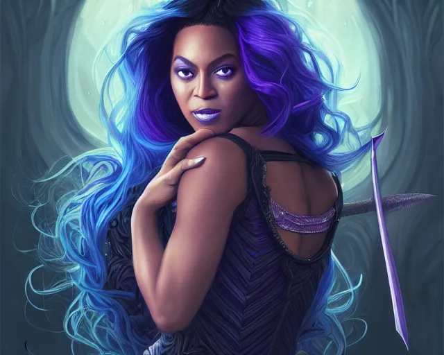 Prompt: beyonce as a wizard, purple streaks in hair, bat hovering on her shoulder, blue clothing, deep focus, d & d, fantasy, intricate, elegant, highly detailed, digital painting, artstation, concept art, matte, sharp, illustration, hearthstone, art by artgerm and greg rutkowski and alphonse mucha