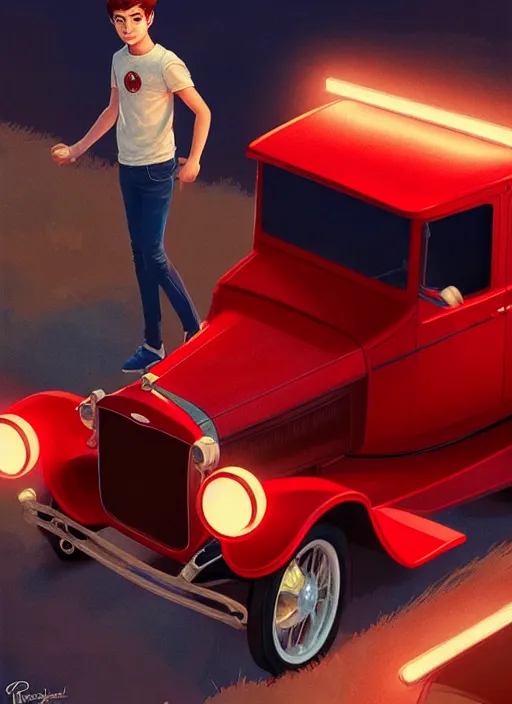 Image similar to teenage archie andrews, in a red ford model t, intricate, elegant, glowing lights, highly detailed, digital painting, artstation, sharp focus, illustration, art by wlop, mars ravelo and greg rutkowski