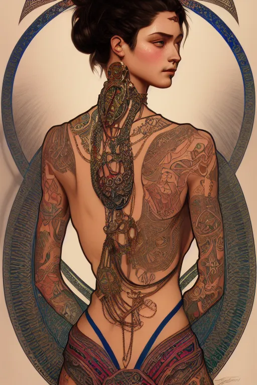 Prompt: body portrait of beautiful annubian tribal tattooed young pincess, intricate, elegant, highly detailed, digital painting, artstation, concept art, smooth, sharp focus, illustration, art by artgerm and greg rutkowski and alphonse mucha, 8 k