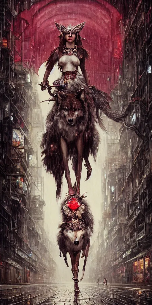 Prompt: hyper realistic Princess Mononoke, ornate mask, wet market street, rainy atmosphere, full moon, cyberpunk metropolis, city landscape, jewels, full body pose, wolves, style of tom bagshaw, mucha, james gurney, norman rockwell, denoised, sharp