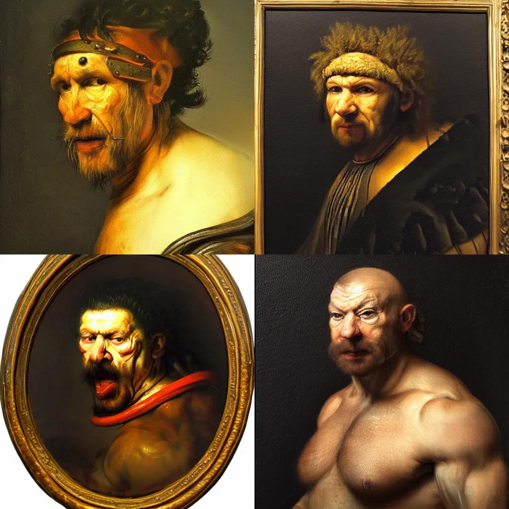 Prompt: subject : muscular barbarian eel portrait, style : very detailed heavy textured rembrandt oil painting with dramatic light, very sharp detail