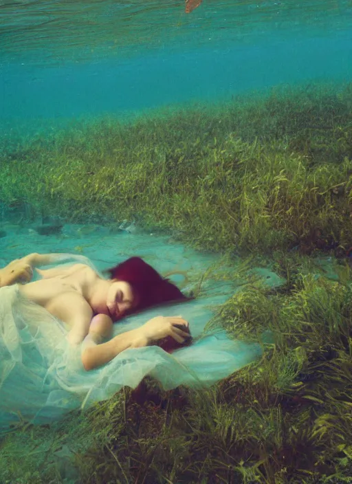 Image similar to lady laying under the sea on the seabed amongst the weeds, underwater shot, submerged, medium shot, on the bed of the river preraphaelite colour photography, 8 k