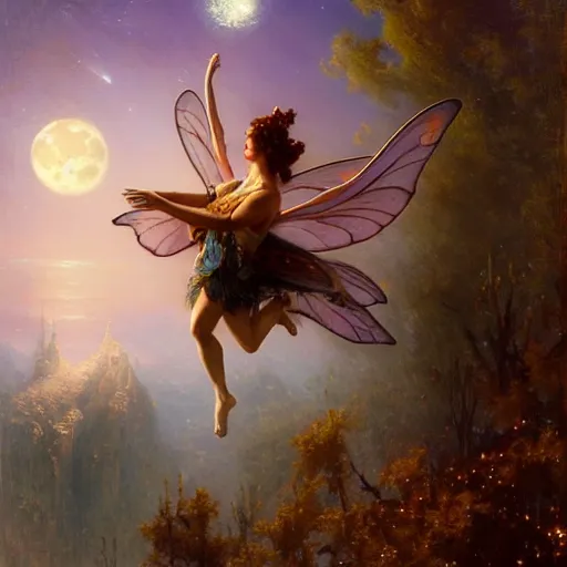 Image similar to attractive fairy magically floating high in the night, fantasy, full moon in background. highly detailed painting by gaston bussiere, craig mullins, j. c. leyendecker, mid shot, 8 k realistic, cryengine, frostbite 3 engine, sharp focus