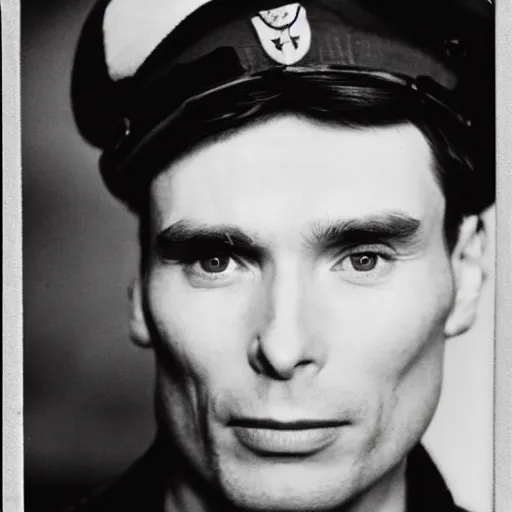 Image similar to cillian murphy in a world war ii uniform, black and white film photography, realistic face, cabinet card, 2 5 mm lens, cinematography by roger deakins