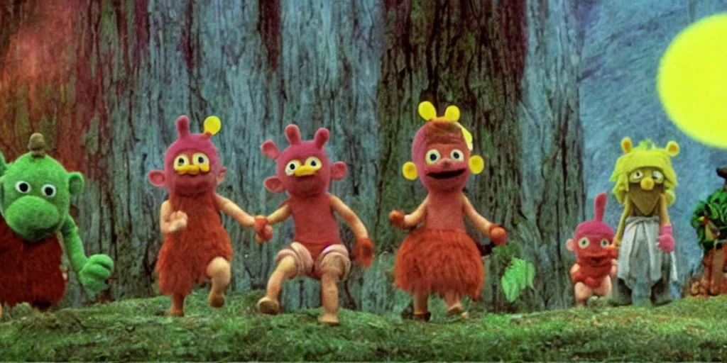 Prompt: a still from Princess Mononoke depicting the war between teletubbies and muppets