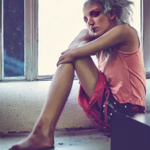 Image similar to photography of a beautiful sleepy punk girl sitting at a window, wearing crop top and torn short pants, pretty face, Glamor Shot, Magnification, 8K, Lonely, Accent Lighting, De-Noise, symmetrical face, hyper-realistic