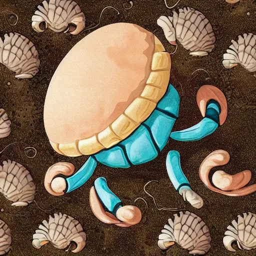 Prompt: illustration of a small small small standalone highly detailed minimalist hermitcrab! crab in an elaborate maximalist shell, with flemish baroque rococo unexpected elements. seen from the distance hd! matte paper background. soft natural pastel tones