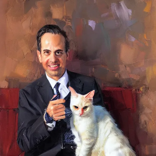 Image similar to portrait of a calico cat sitting on the lap of a man wearing a suit, rob rey, giuseppe dangelico pino, michael garmash, highly detailed, masterpiece