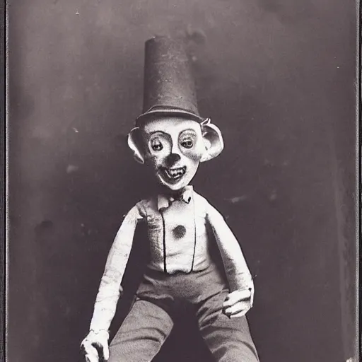 Image similar to ventriloquist figure, photograph, style of atget, old, creepy, smiling