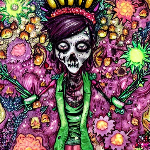 Image similar to cartoonish portrait of a punk rock zombie turning into flowers and mushrooms, covered in crystals and glitter, dramatic lighting, sculptural, intricate detail