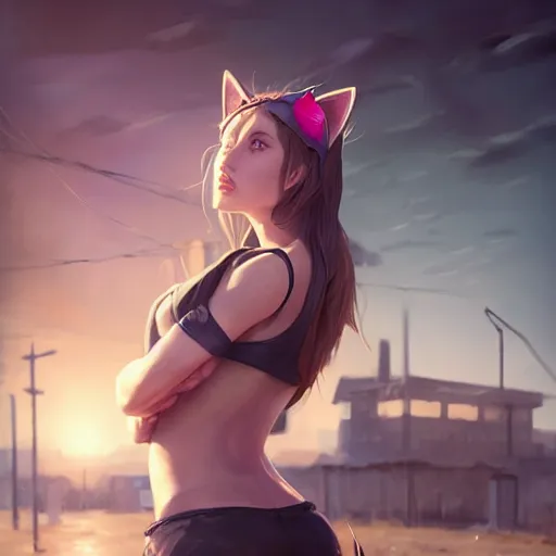 Image similar to cute woman wearing tank top and cat ears plays on computer, digital art, photorealistoc, art by greg rutkowski, hyperdetailed, western comic style, comic, comic style, sharp lineart, professional lighting, deviantart, artstation, trevor henderson, rossdtaws, cinematic, dramatic