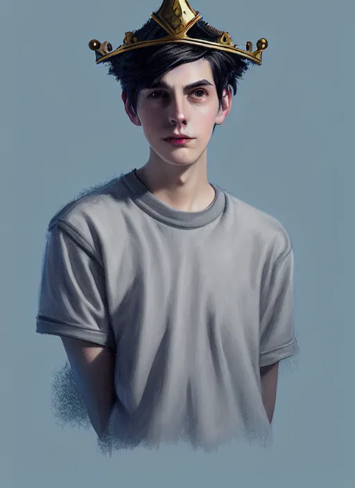 Prompt: portrait of teenage jughead jones wearing a light grey crown, photorealistic, crown, eyes closed, crown, black hair, intricate, elegant, glowing lights, highly detailed, digital painting, artstation, concept art, smooth, sharp focus, illustration, art by wlop, mars ravelo and greg rutkowski