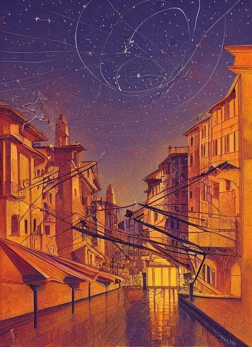 Image similar to ethereal starlit city at sunset, italian futurism, da vinci, Josan Gonzalez