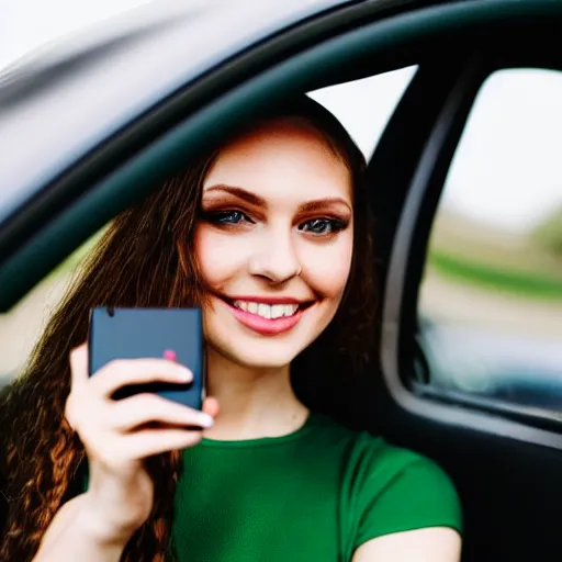 Image similar to a beautiful cute young woman with vivid emerald green eyes takes a photo of herself, sitting in her car, long bronze brown hair, flushed face, red blush, light freckles, big puffy lips, smiling softly, soft features, 8 k, sharp focus, instagram, portra 4 0 0