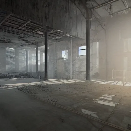 Prompt: abandoned industrial factory interior, dust visible by sun rays, digital art, trending on artstation