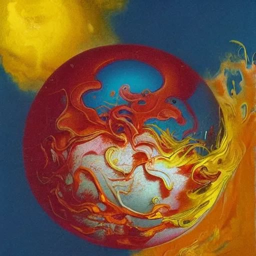 Image similar to a sphere being devoured by abstract splatters of paint in the style of francis bacon, venus being engulfed in flames in the style of james jean, surreal, beksinski, high detailed