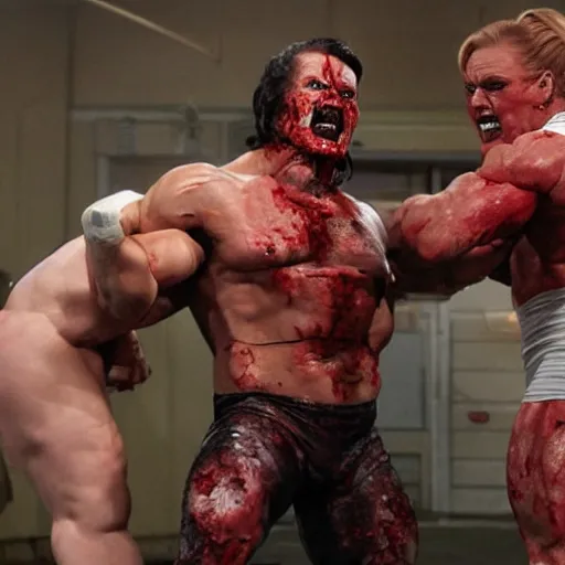 Prompt: betty white muscular wwe world champion wrestling zombies