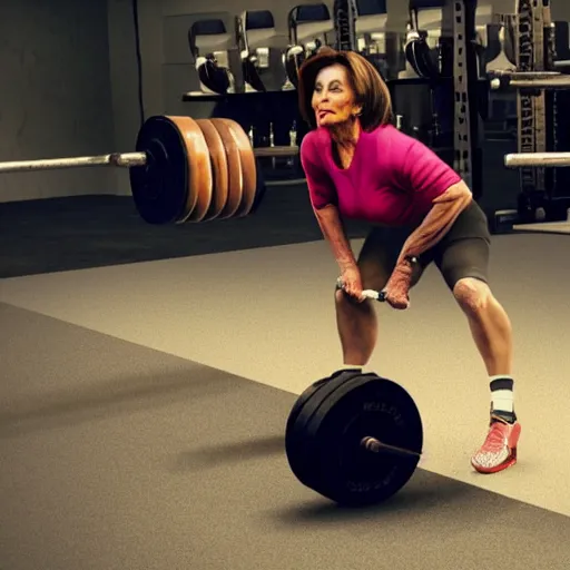 Image similar to nancy pelosi deadlifting 5 0 0 pounds, realism, fine details, unreal, render, cinematic, epic, volumetric lighting