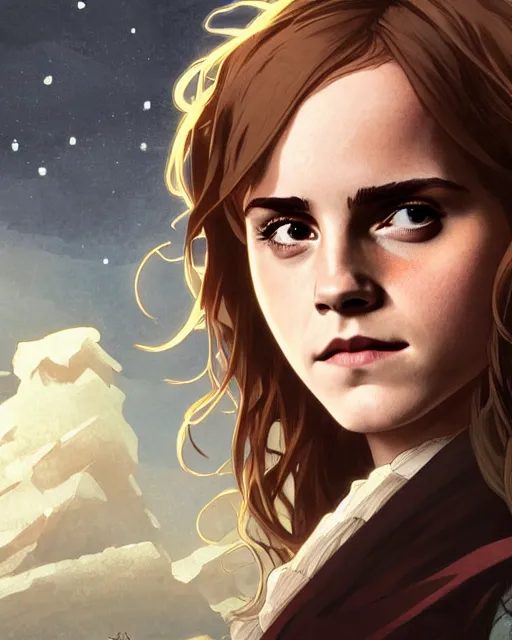 Image similar to Emma Watson as Hermione Granger, medium shot close up, details, sharp focus, illustration, by Jordan Grimmer and Alphonse Mucha and greg rutkowski and PiNe(パイネ) and 薯子Imoko and 香川悠作 and maya takamura, intricate, beautiful, Trending artstation, pixiv, digital Art