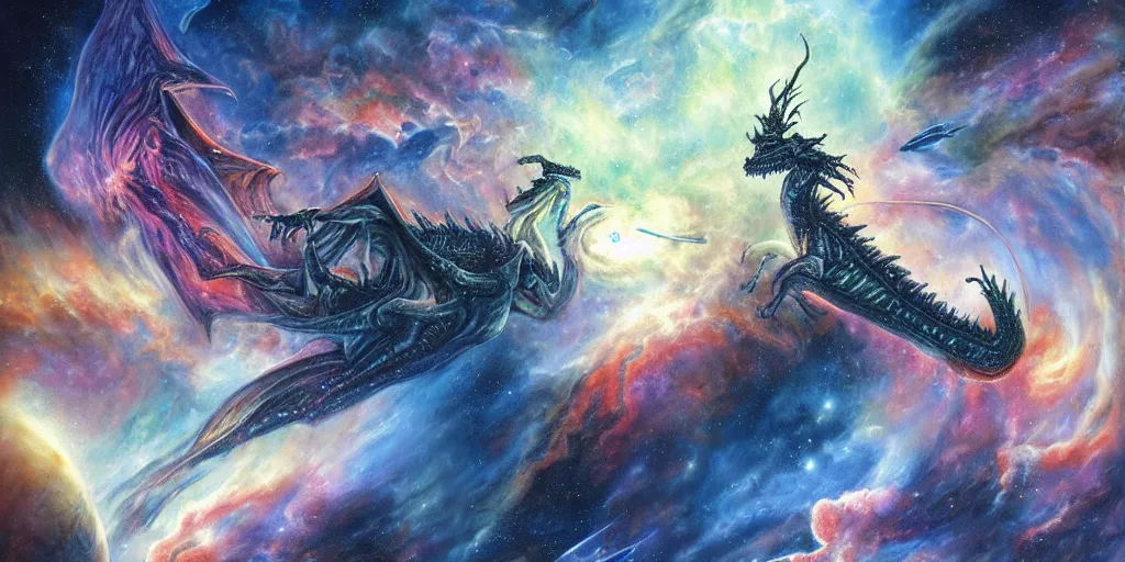 Prompt: an alien dragon flying through outer space, epic nebula, dan seagrave art