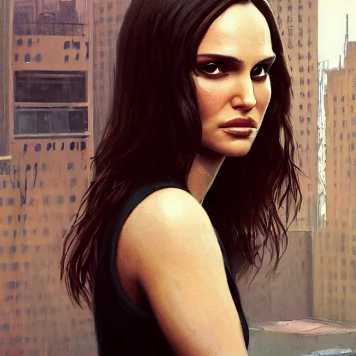 Image similar to closeup portrait of natalie portman from the movie leon the professional, matilda, hitman, city background, dramatic light, gorgeous view, depth, high detail, digital art, painted by greg rutkowski and seb mckinnon, by tim burton, trending on artstation