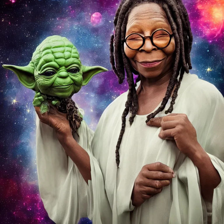 Image similar to whoopi goldberg yoda hybrid from star wars, high quality portrait photoshoot, bokeh, studio lighting, high fashion photoshoot, nebula space background, 8 k