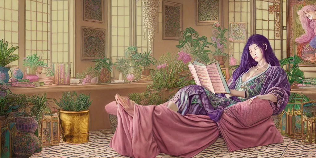 Prompt: a pastel drawing of a woman wizard, ornate clothing, lounging on a purpur pillow on the marbled checkered floor in her study room reading an ancient tome. to the side is a potted plant, moody candlelit raytracing. ancient oriental scifi fantasy setting. 4 k key art. by chie yoshii