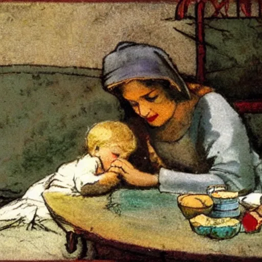 Image similar to this mixed mediart is beautiful because of its harmony of colors and its simple but powerful composition. the artist has created a scene of peaceful domesticity, with a mother and child in the center, surrounded by a few simple objects. the colors are muted and calming, and the overall effect is one of serenity and calm. by howard pyle ecstatic