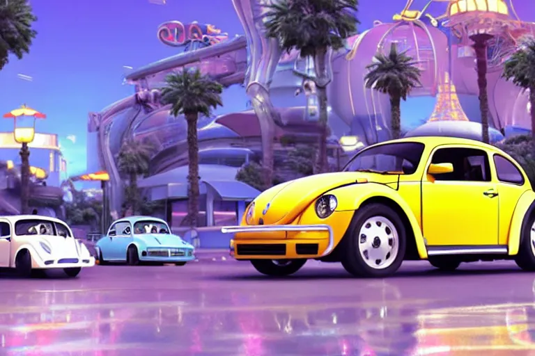 Image similar to a wholesome animation key shot of!! one!! focused!! vw beetle superbug!! in shiny reflective stainless steel, in a las vegas street, medium shot, studio ghibli, ( pixar ) and disney animation, sharp, very detailed, high resolution, rendered in unreal engine 5, anime key art by greg rutkowski, bloom, dramatic lighting