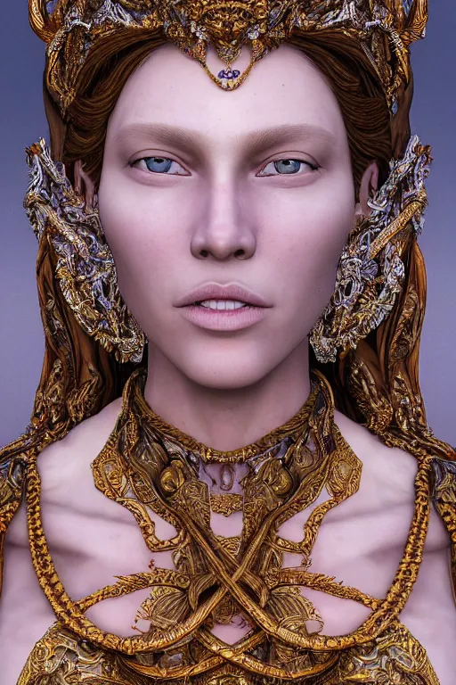 Image similar to hyper-realistic ultra-detailed maximalist and dramatic elegant luxury beautiful young empress portrait by igor goryunov and patricio clarey inspired by andrei riabovitchev and heidi taillefer Rendered by binx.ly 8k. Generative art. Fantastic realism. Scifi feel. Extremely Ornated. Intricate and omnious. Tools used: Blender Cinema4d Houdini3d zbrush. Unreal engine 5 Cinematic. Beautifully lit. No background. artstation. Deviantart. CGsociety.