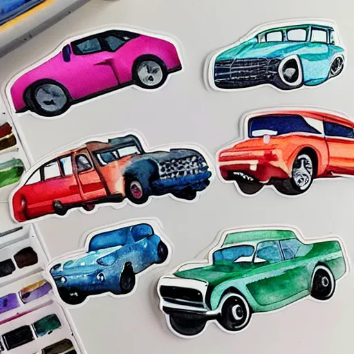 Prompt: a watercolour sticker pack with of cars