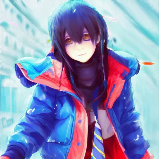 Image similar to ene from mekakucity actors, wearing blue jacket, blue pigtails, cool color palette, digital art by aramaki shinji, by artgerm, by cushart krenz, by wlop, colorful, insanely detailed and intricate, hypermaximalist, elegant, ornate, hyper realistic, super detailed