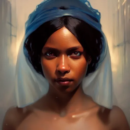 Prompt: a Photorealistic dramatic hyperrealistic bright blue eyes, African American girl, black hair, white veil,by WLOP,Artgerm,Greg Rutkowski,Alphonse Mucha, Beautiful dynamic dramatic dark moody lighting,shadows,cinematic atmosphere,Artstation,concept design art,Octane render,8k