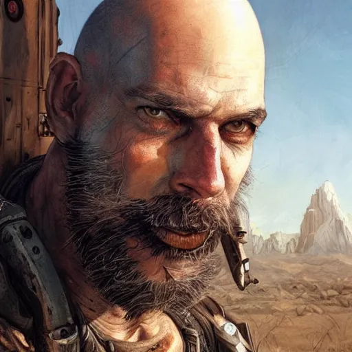 Image similar to portrait painting of a post apocalyptic man, bald, black beard, handsome, desert rander, ultra realistic, concept art, intricate details, eerie, highly detailed, fallout, wasteland, photorealistic, octane render, 8 k, unreal engine 5. art by artgerm and greg rutkowski and alphonse mucha