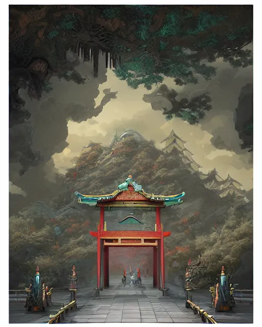 Prompt: tang dynasty shinto gate at the top of dragon mountain by peter mohrbacher and dan mumford and nekro, cgsociety, volumetric light, 3 d render