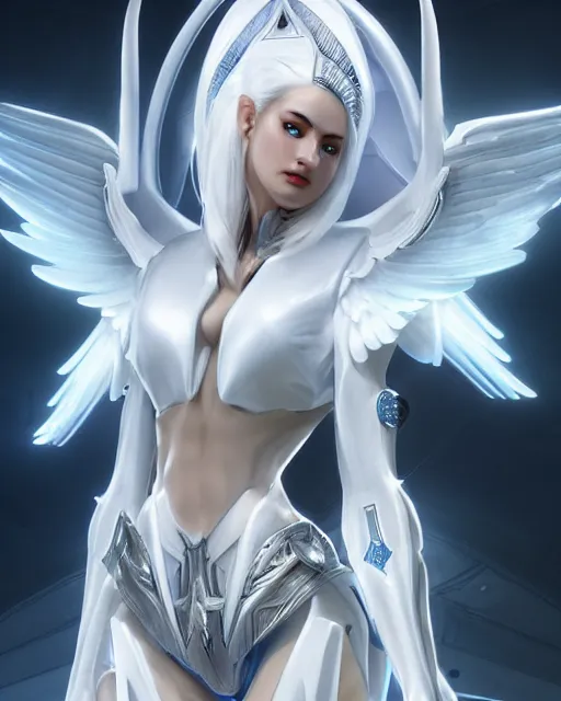 Image similar to perfect white haired attractive egyptian goddess with huge white dove wings, warframe armor, beautiful, symmetric, dreamy, half asian, pretty face, blue eyes, detailed, scifi platform, laboratory, experiment, 4 k, ultra realistic, epic lighting, android body, illuminated, cinematic, masterpiece, art by akihito tsukushi, voidstar