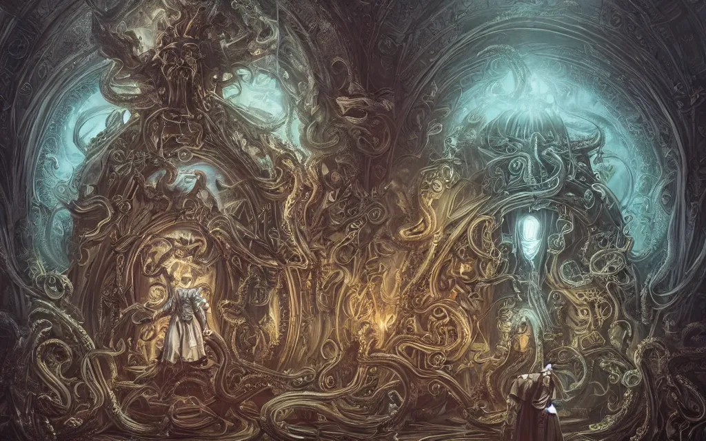 Prompt: pope priest in front of a cthulhu within a viscosity fluid lovecraft portal, intricate architecture, baroque detailed, shiny colors, high - key lighting, beautiful composition, intricate, elegant, pro photography by, highly detailed, art by artgerm and peter mohrbacher, subsurface scattering, ray tracing, vivid colors, octane render