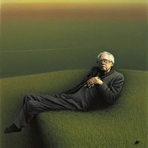 Image similar to a coherent award - winning beautiful!!! portrait of a calm bernie sanders!, sitting on a beautiful pleasant hill, painted by zdzislaw beksinski